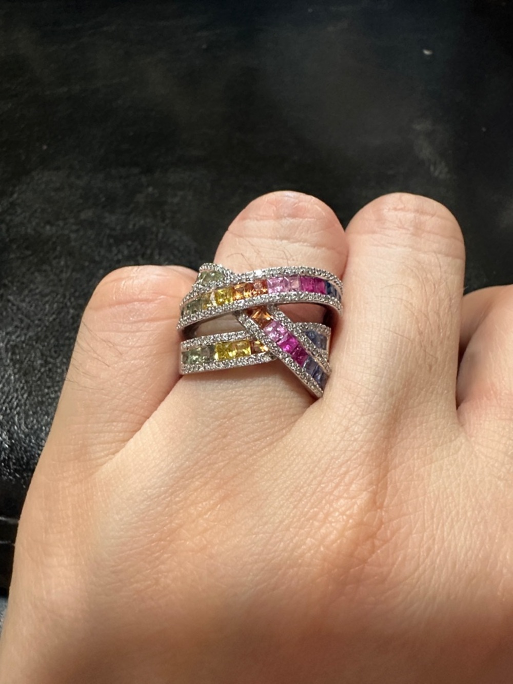 14k white gold Effy Multicolor Sapphire and Diamond Crisscross Ring -